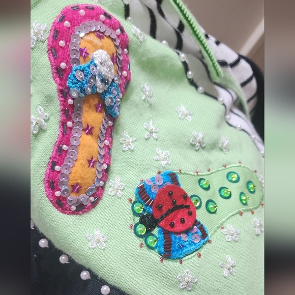 Jack B Quick Striped Cardigan w/ Embroidered Flip Flops Sequined, Beaded VINTAGE - Picture 2 of 6